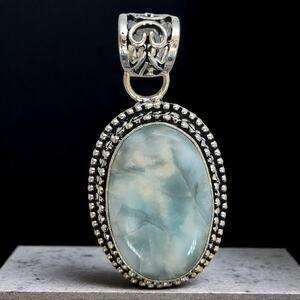 Sterling Silver Larimar Pendant – Oval Handmade Blue Stone Necklace